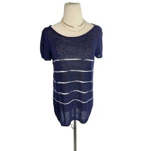 Eileen Fisher Knit Sweater Blue White Organic Linen Size Medium Semi Sheer